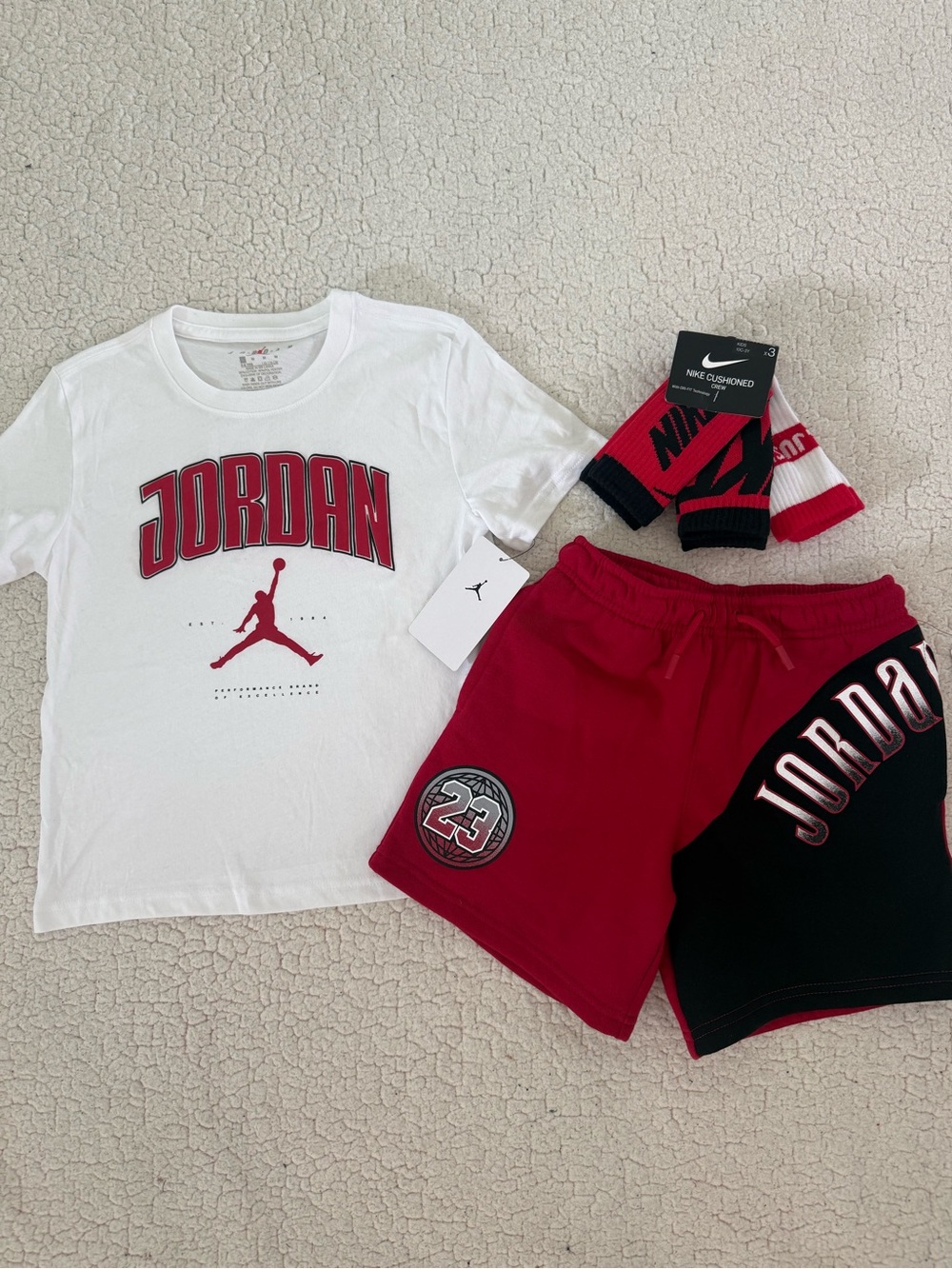 New boys Sz 6 Jordan shirt with Red Logo and Red-Black Shorts, socks Set